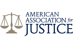 American Association for Justice logo with gold scales and blue text