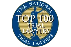 Blue and gold “The National Top 100 Trial Lawyers” circular badge with courthouse figure silhouette