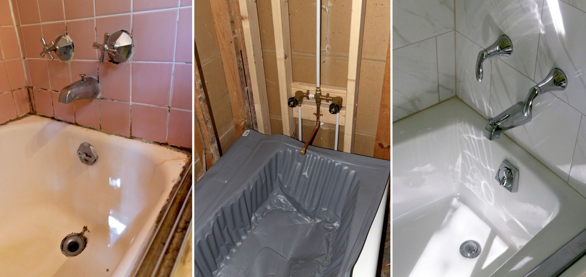 Old bathtub before, during, and after a bathroom remodeling project