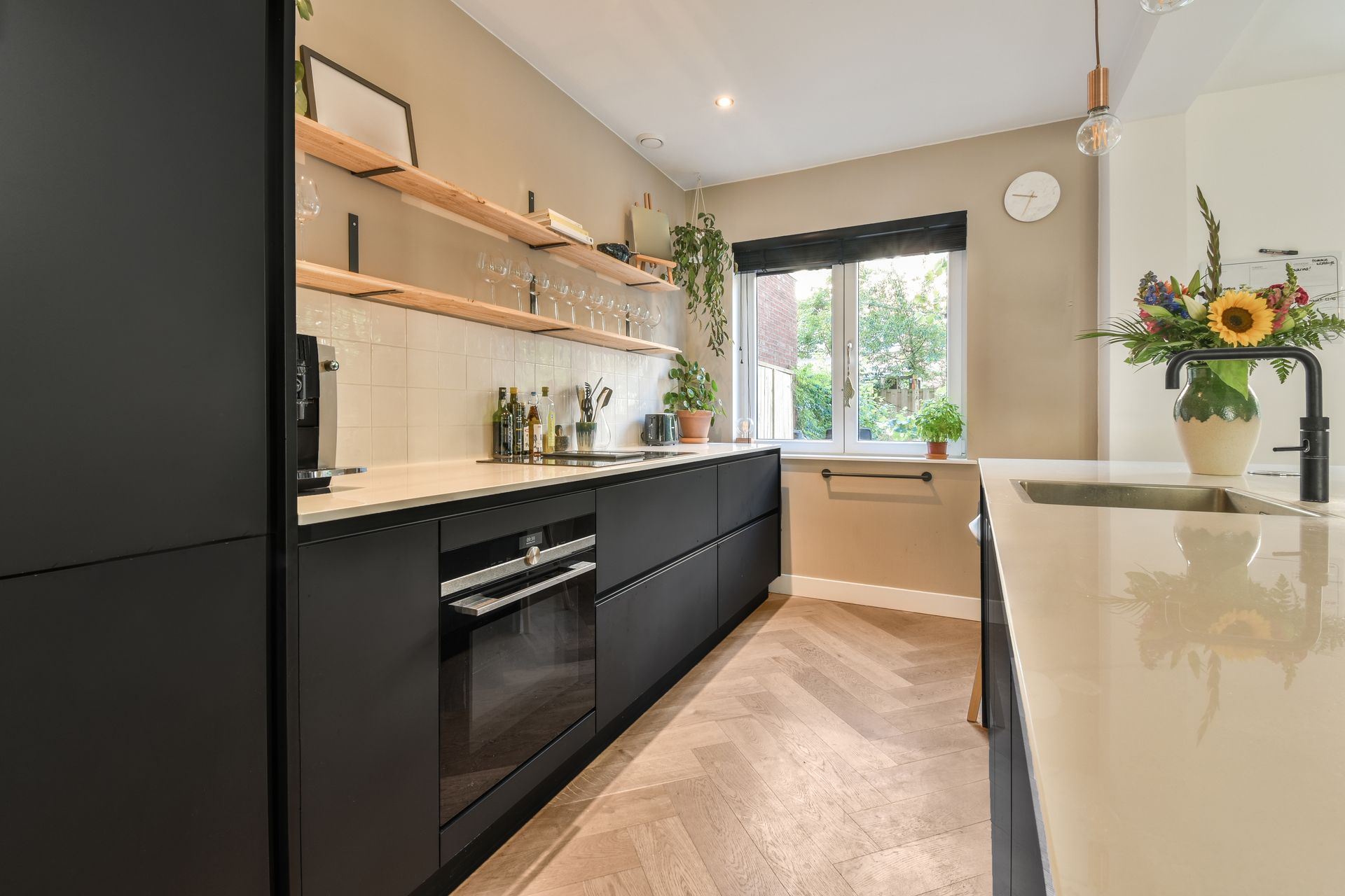 A modern galley kitchen layout.