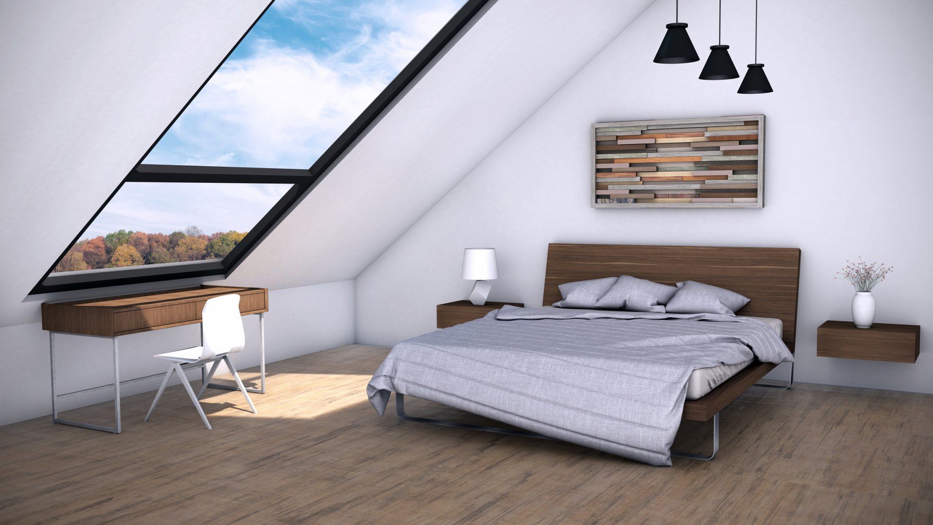 Bedroom with large window, desk, bed, wooden headboard, side tables, wooden floors, and artwork.