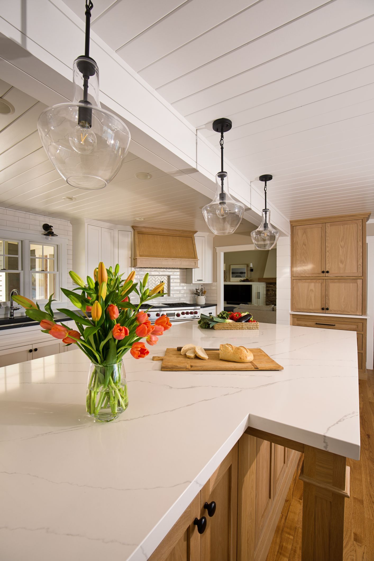 Kitchen remodeling project in Woodbury, MN featuring decorative pendant lighting and custom ceiling detail