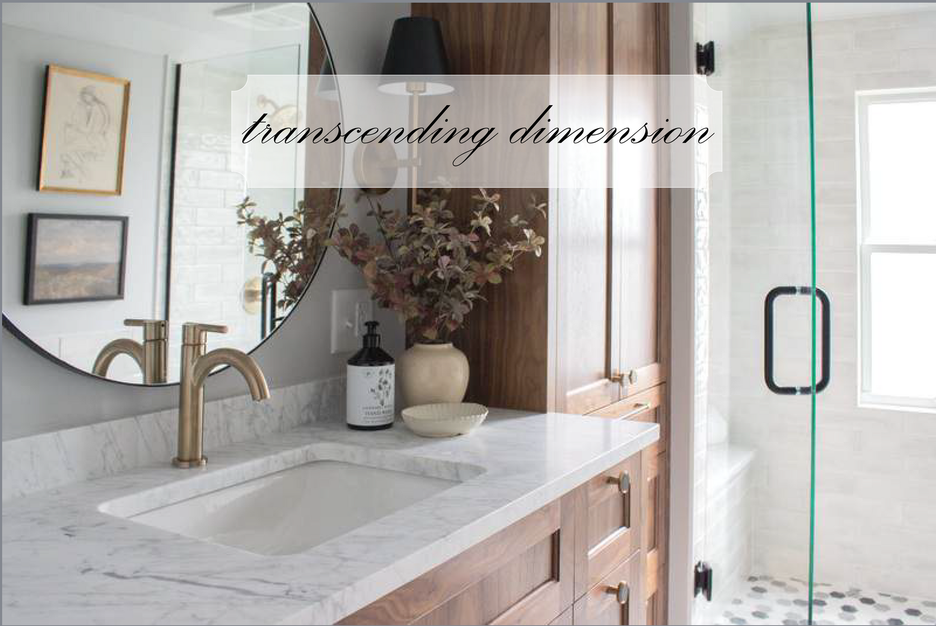 Bathroom with marble countertop, wooden cabinets, gold faucet, round mirror, and shower.