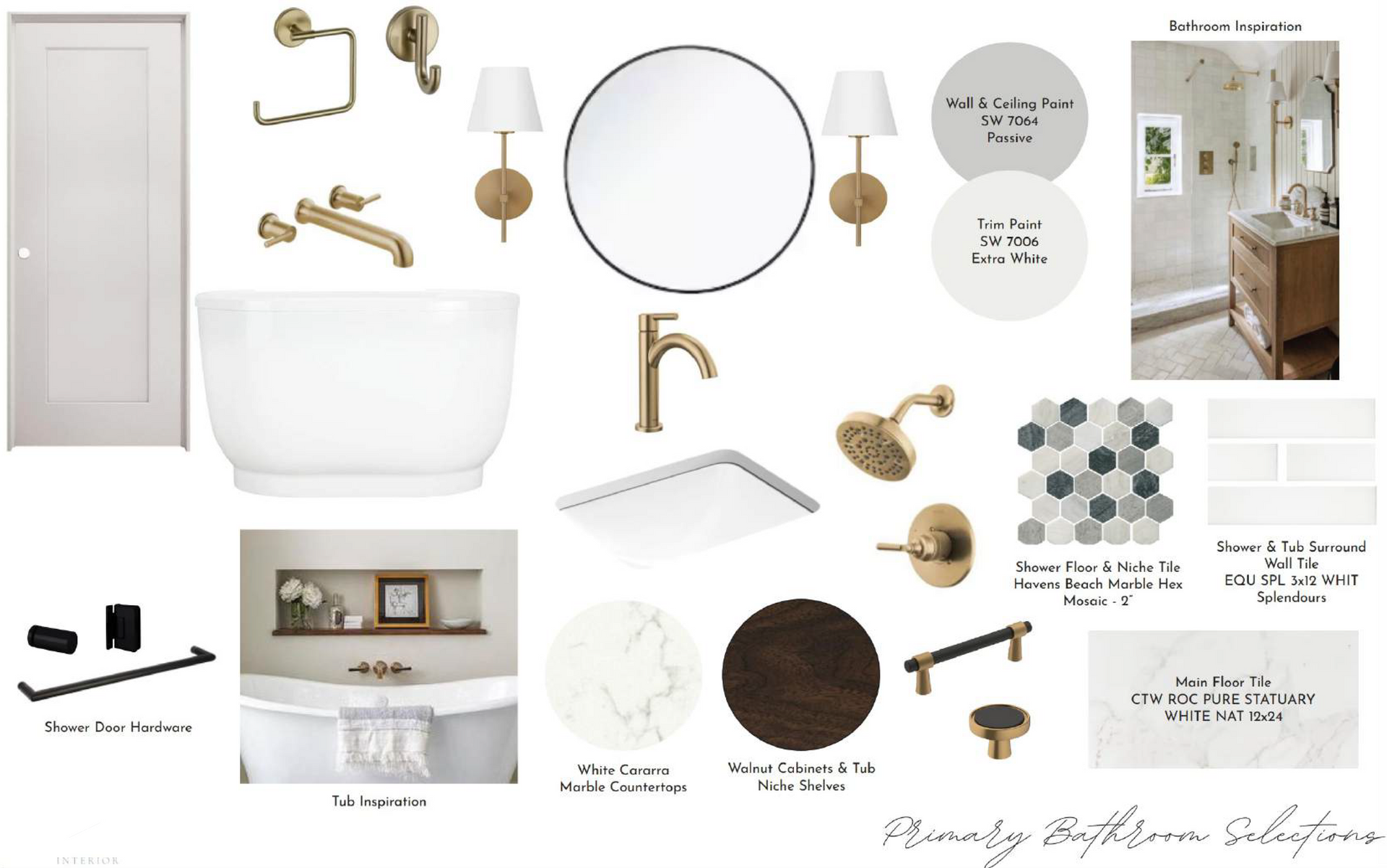 Bathroom design concept board with white and brass fixtures.
