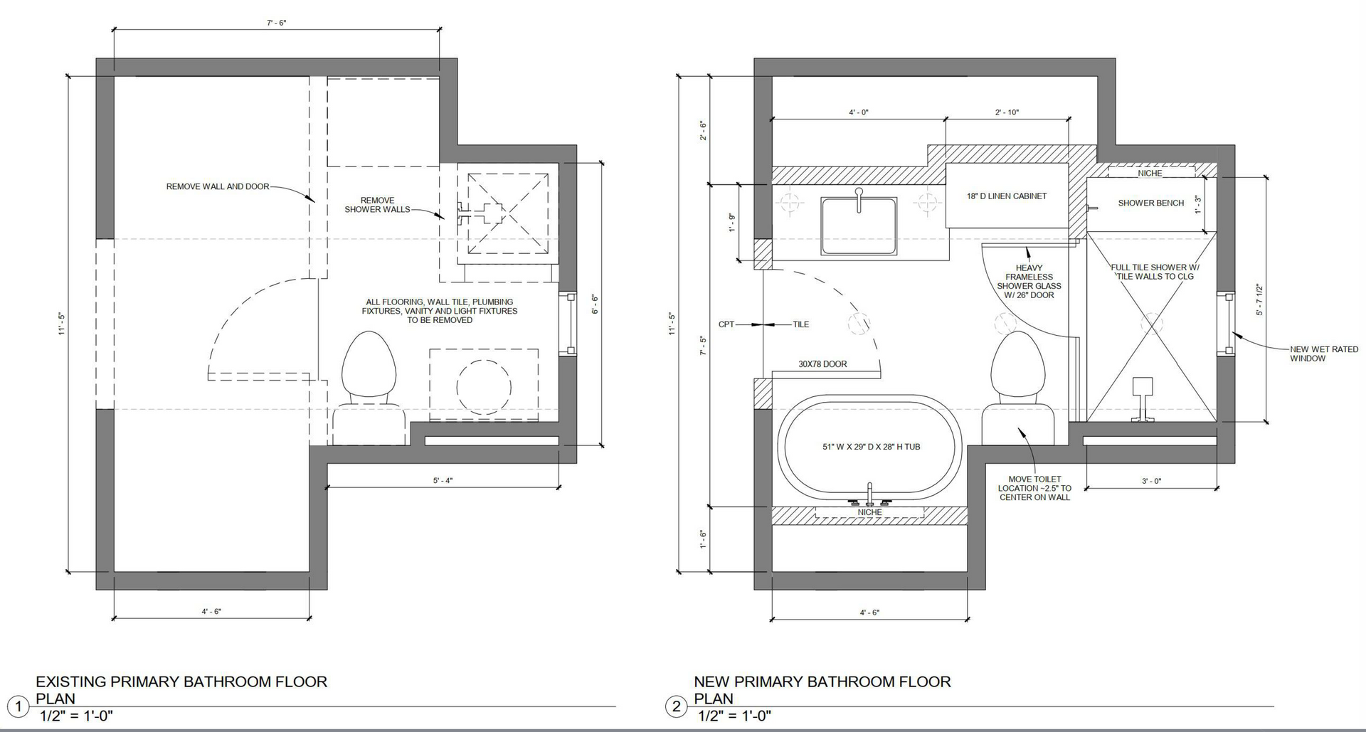 Two bathroom floor plans with dimensions, showing layout of fixtures like toilet, sink, tub, and shower.