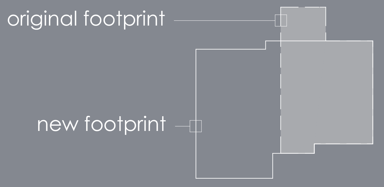 Comparison of building footprints, showing the original footprint and a larger, new footprint in gray.
