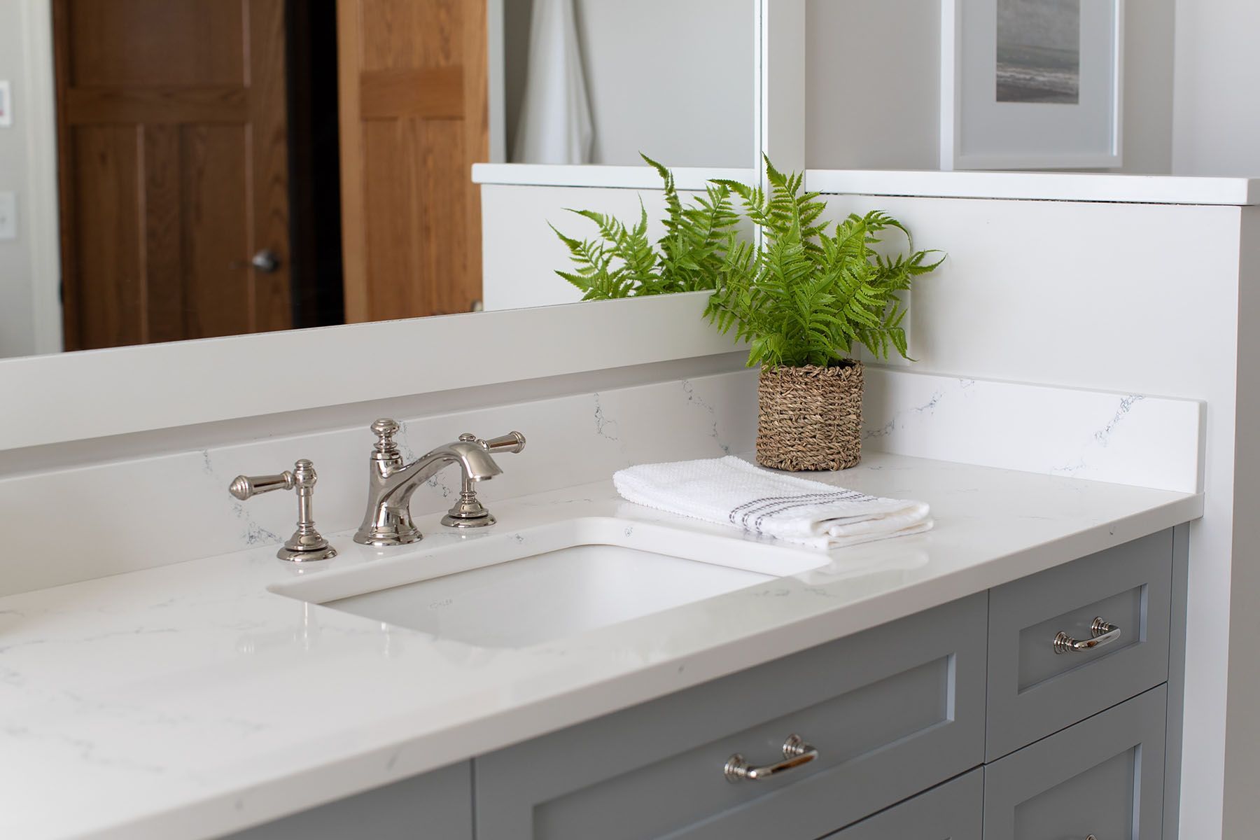 A Bathroom Sink with A Plant on The Counter and A Mirror.
