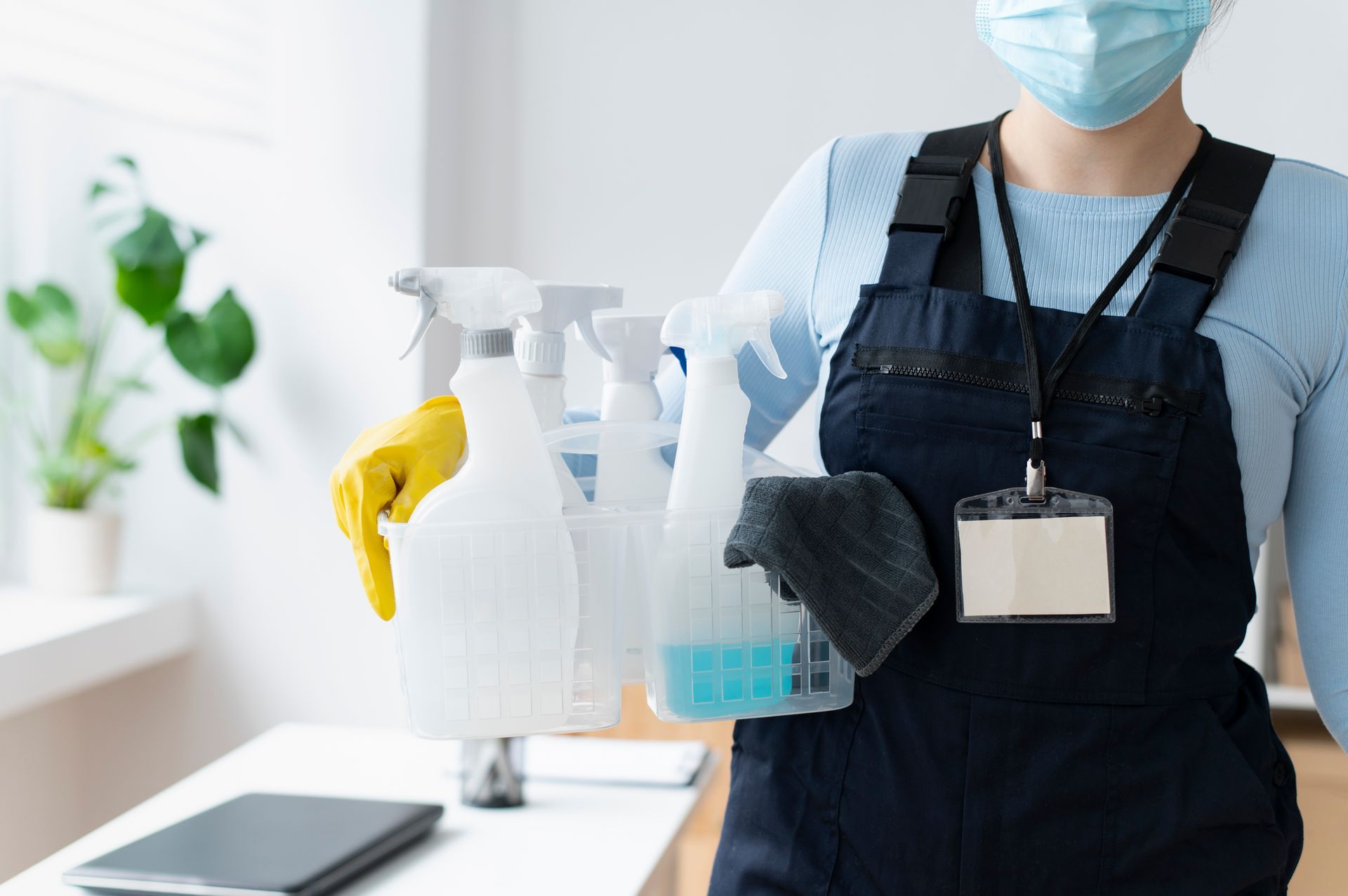 a woman wearing a mask and overalls is holding spray bottles and a towel .