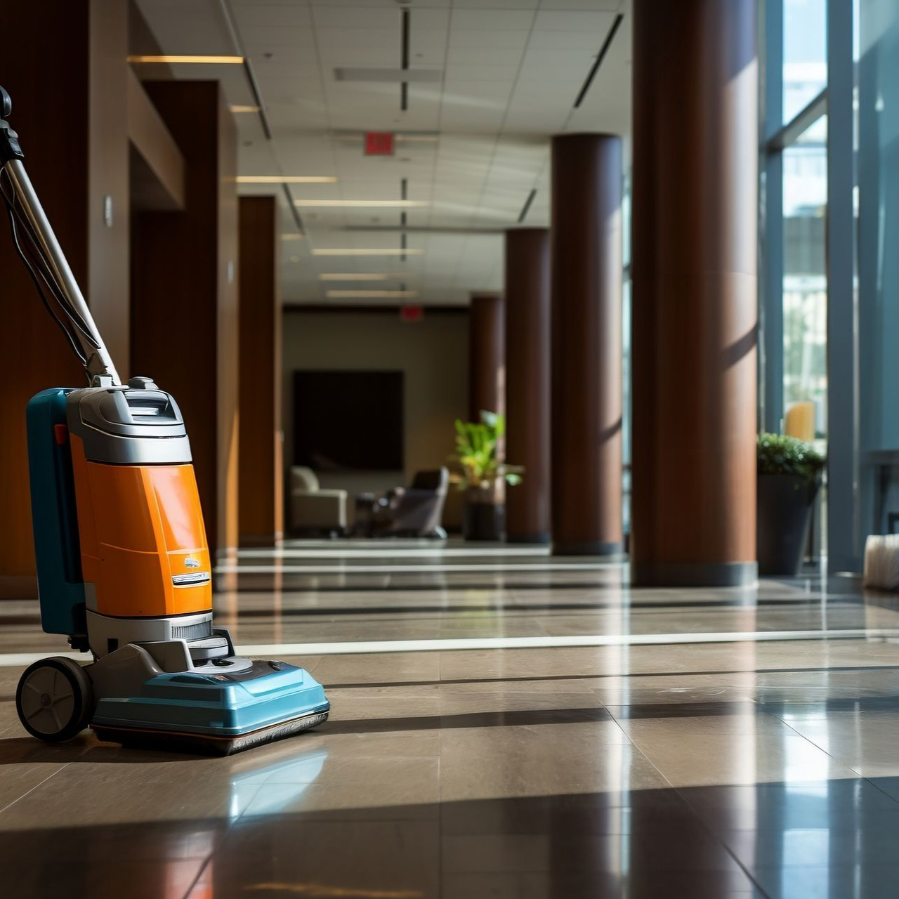 A commercial vacuum cleaner cleaning a shiny floor in an office hallway.