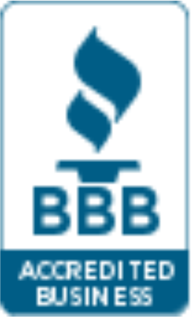 A blue and white bbb accredited business logo