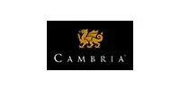 Cambria logo: gold lion above white text on a black background