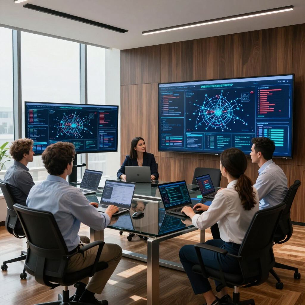 Team meeting in a modern conference room, discussing data on large wall displays and laptops.