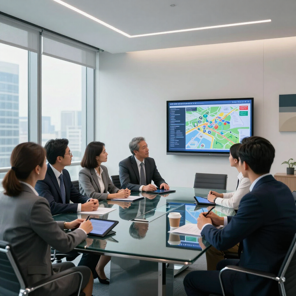 Business meeting in a glass conference room, with people around a table viewing a map on a wall screen
