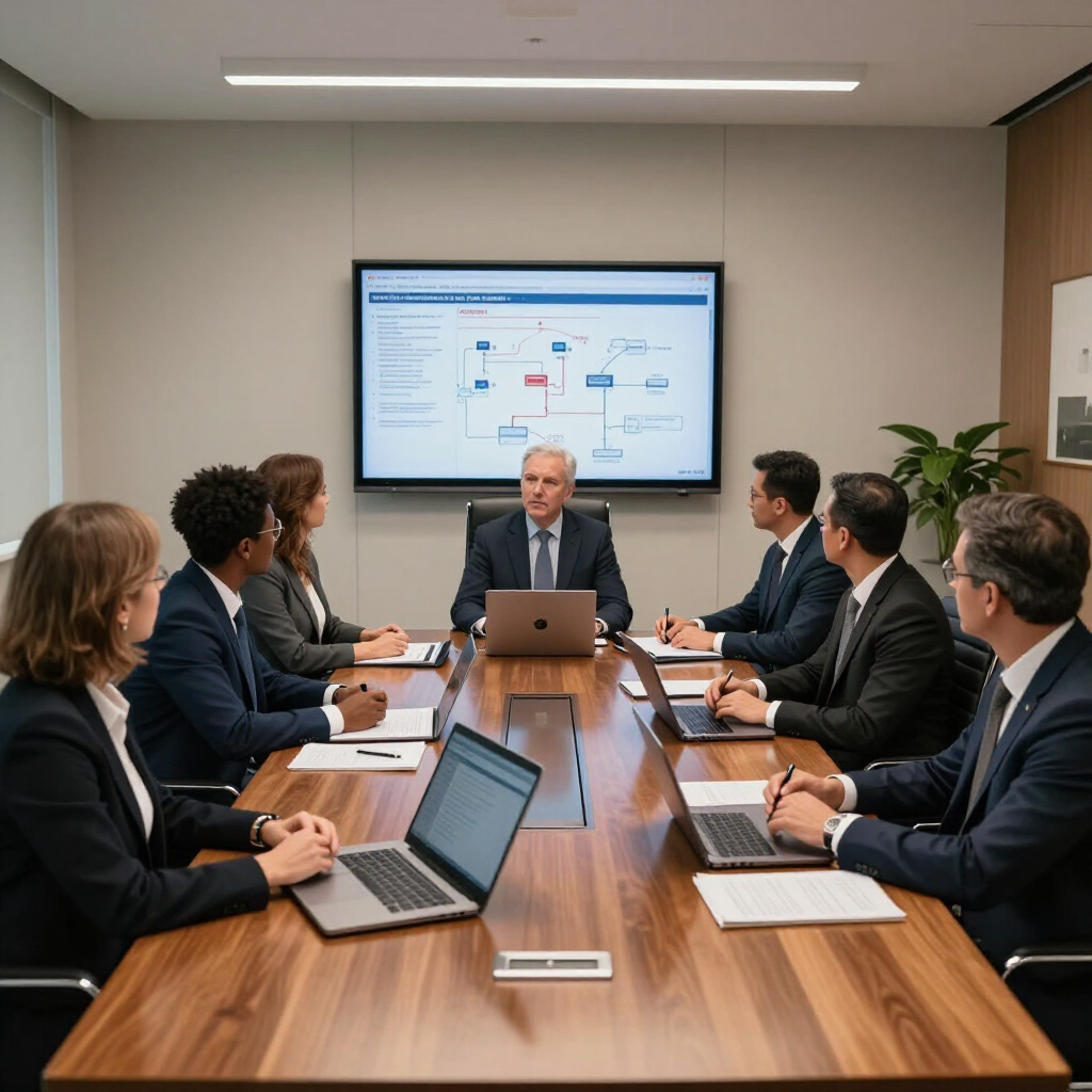 Business meeting in a conference room, with a presenter at a laptop and a projected flowchart on the wall.