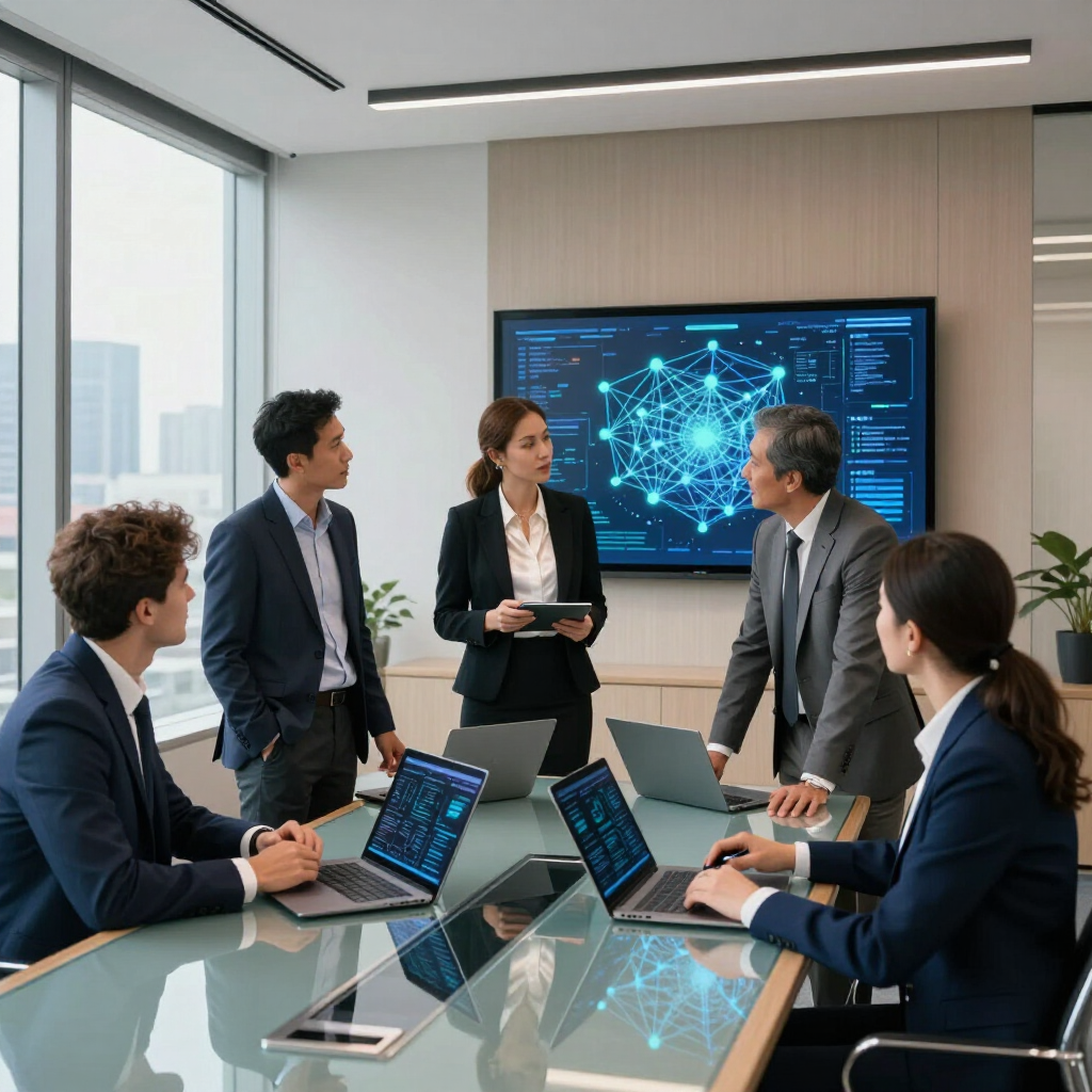 Business team meeting in a modern conference room, discussing a digital dashboard on a wall screen.