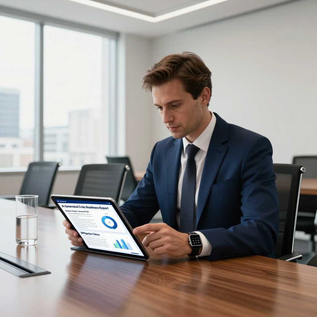 Businessman reviewing a tablet in a modern conference room, with charts on the screen