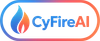 CyFireAI logo with blue-and-red flame icon and blue text inside rounded gradient border