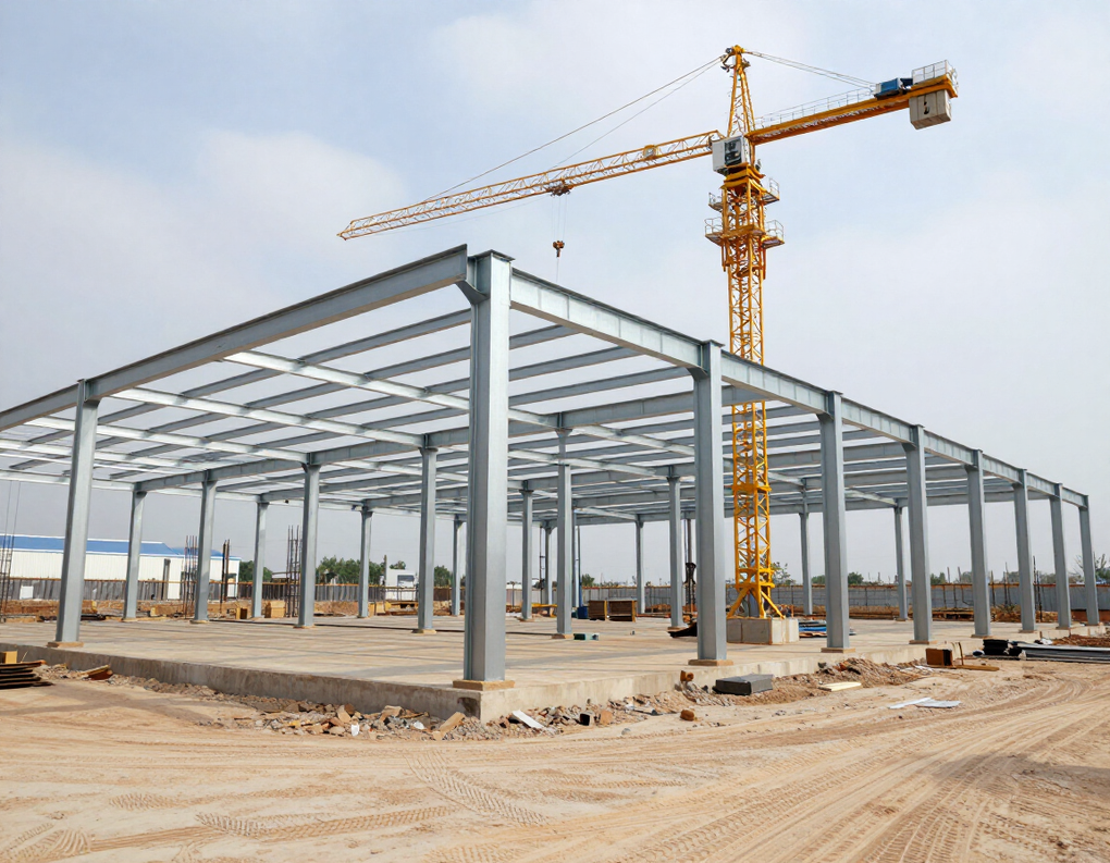 Capannone industriale in costruzione con telai strutturali e gru in cantiere.