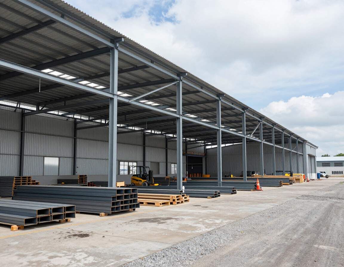 Capannone industriale con telai strutturali in acciaio e cantiere esterno.