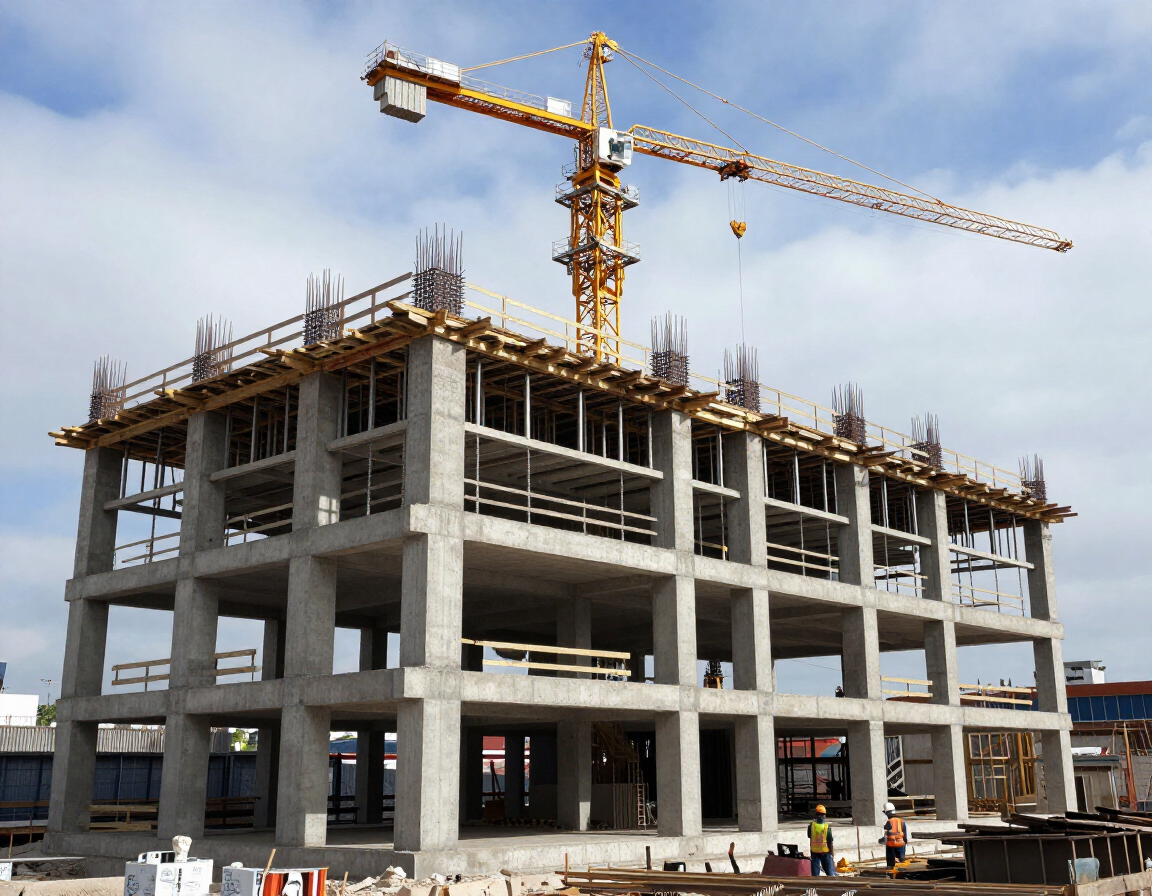 Telaio in cemento armato di un edificio industriale in fase di costruzione.