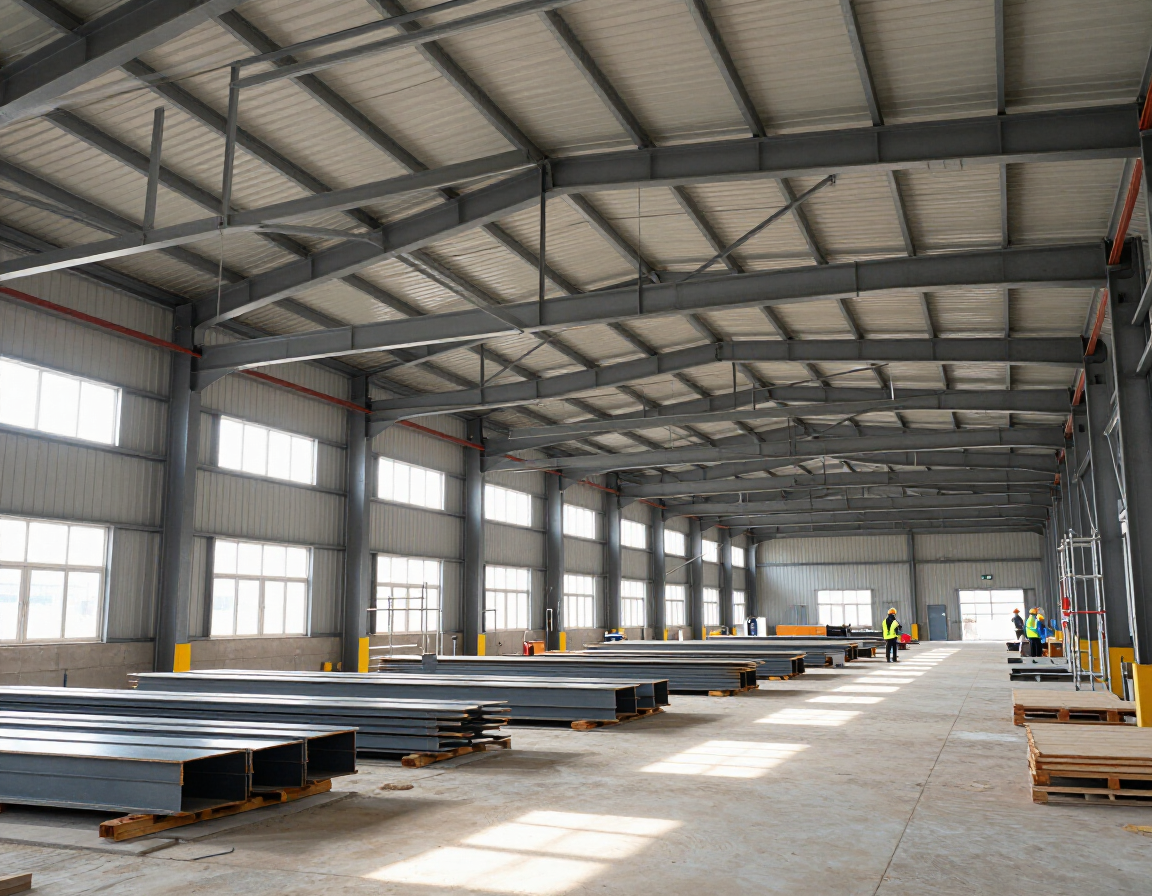 Capannone industriale con nuove capriate in acciaio e cantiere in corso.
