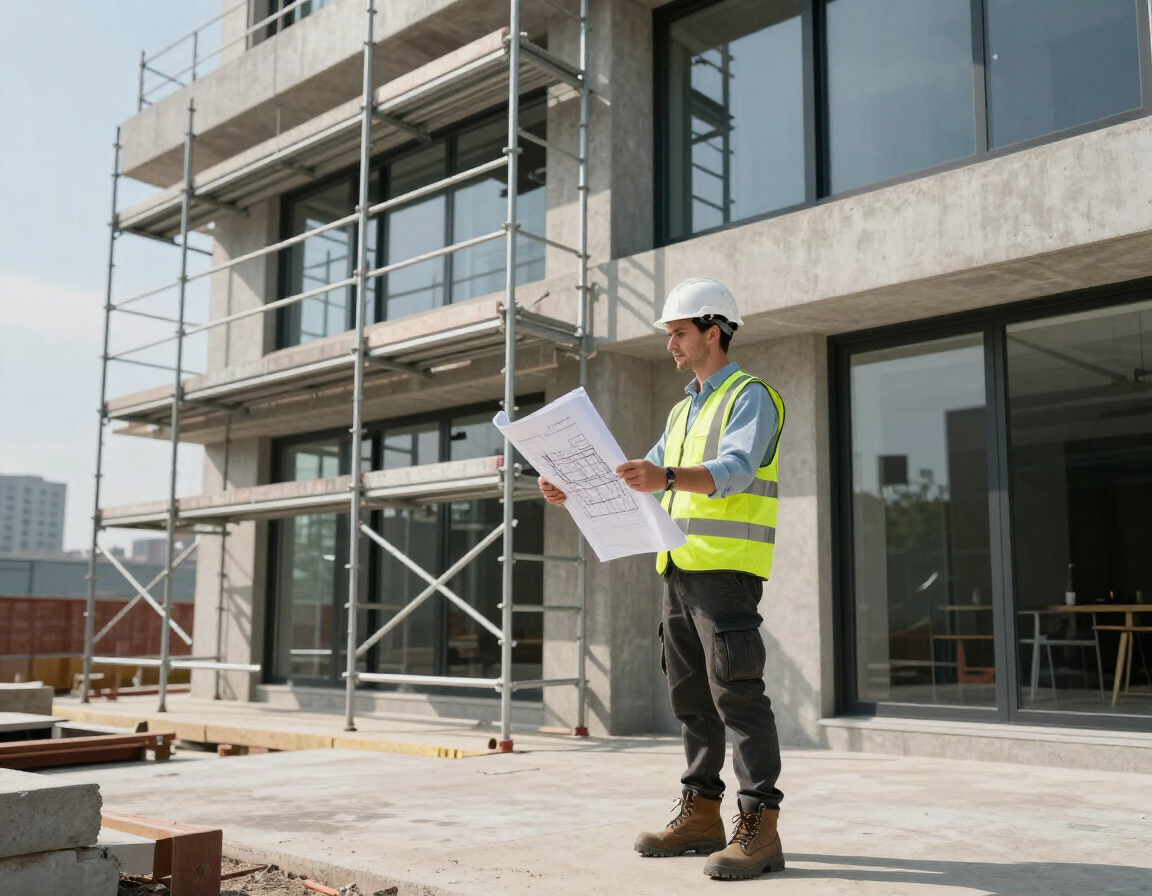 Verifica in cantiere di una grande struttura privata con ponteggi e tavole tecniche.