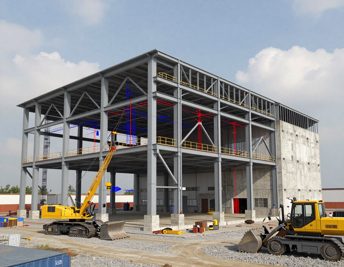 Edificio industriale con analisi strutturale e attrezzature di cantiere.