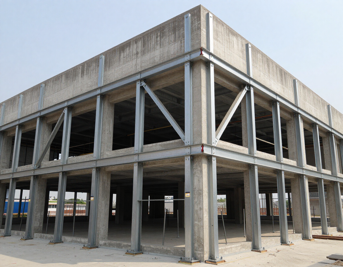 Intervento di rinforzo strutturale su edificio esistente con controventi metallici.