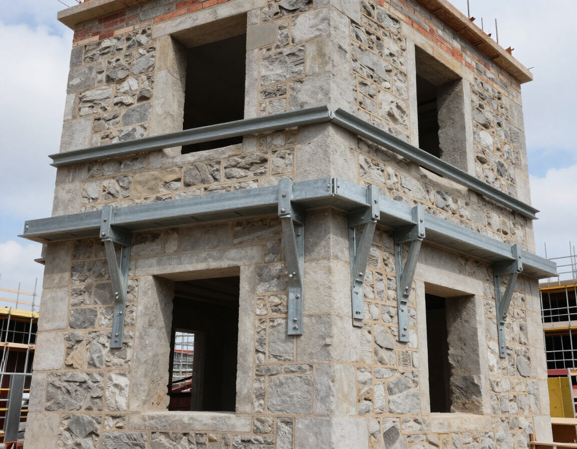 Fabbricato esistente in muratura con puntellamenti temporanei.