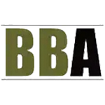 The letters bba are green and black on a white background.