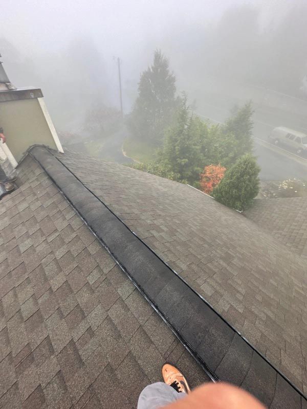 A person is standing on top of a roof in the fog.