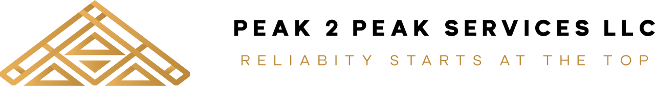 Gold logo featuring a geometric mountain icon next to the text "PEAK 2 PEAK SERVICES LLC" and slogan.
