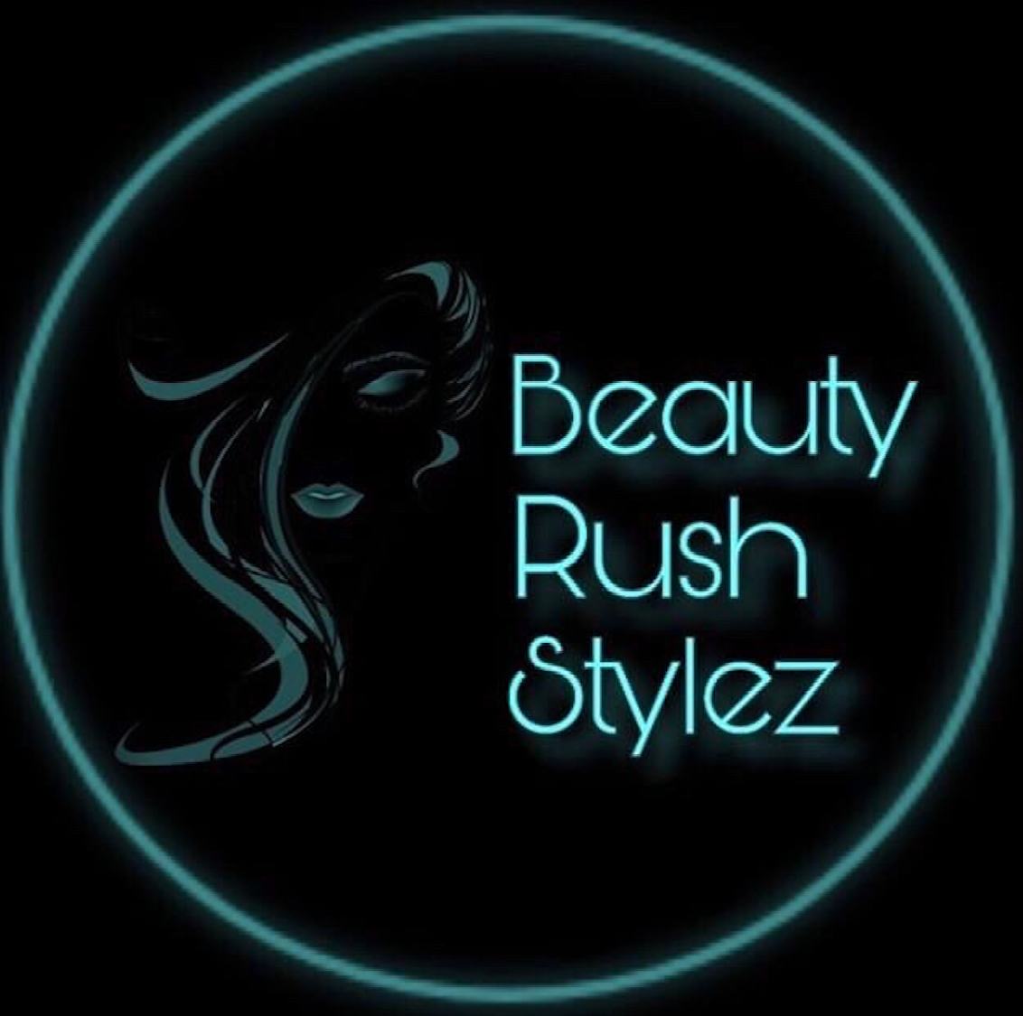 A teal neon-style logo on a black background featuring a silhouette of a woman's face next to the text 