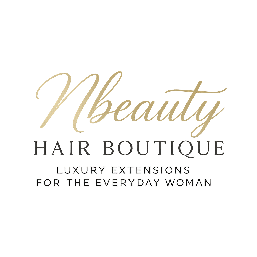 Logo for Nbeauty Hair Boutique in gold script and black serif text, featuring the tagline 
