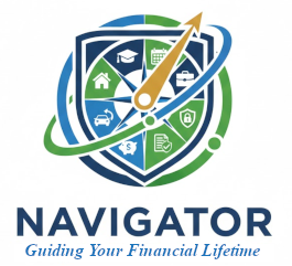 Logo with compass inside a shield, with icons, and the word