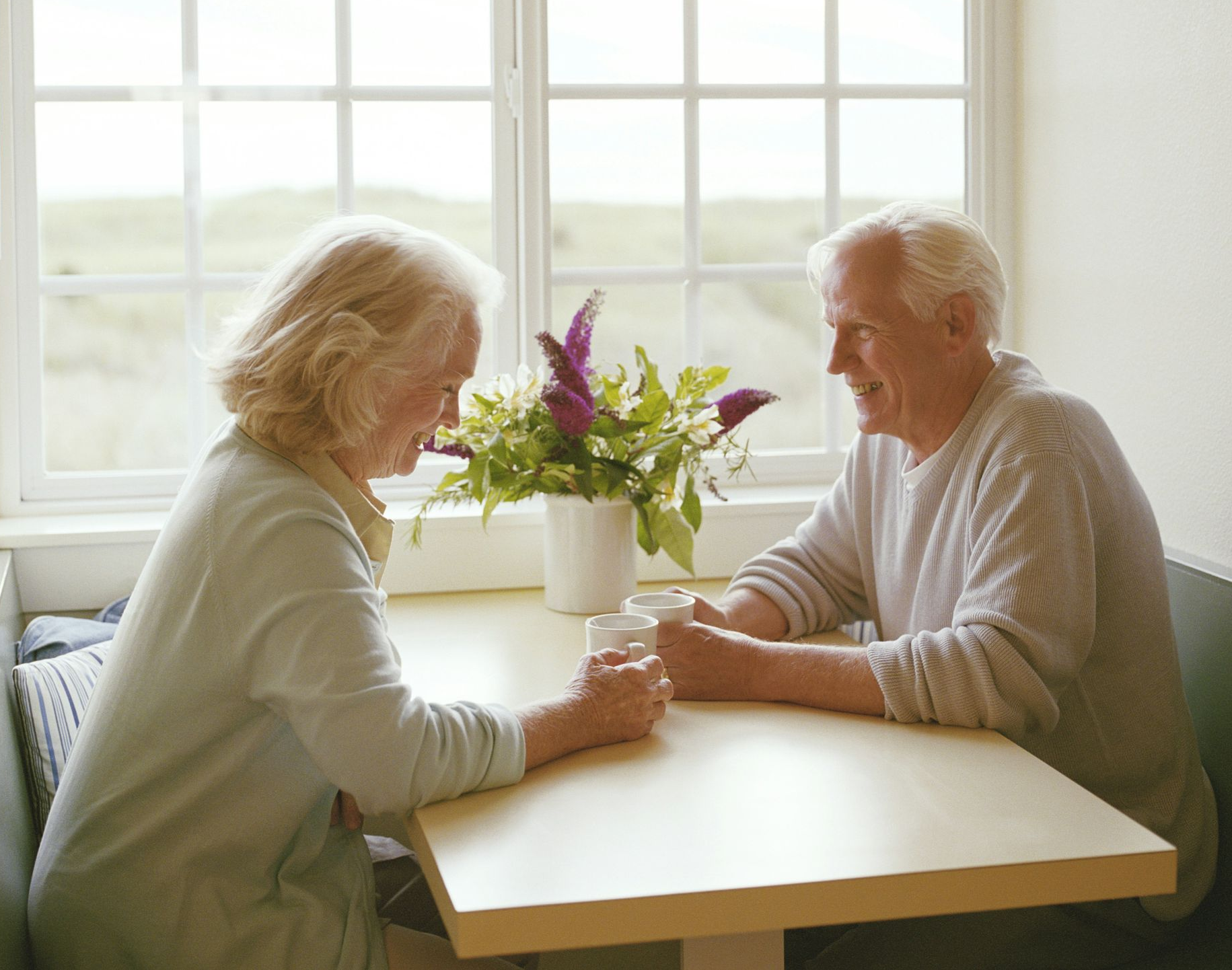 Older couple sitting at table, holding hands, smiling, in front of window with flowers.