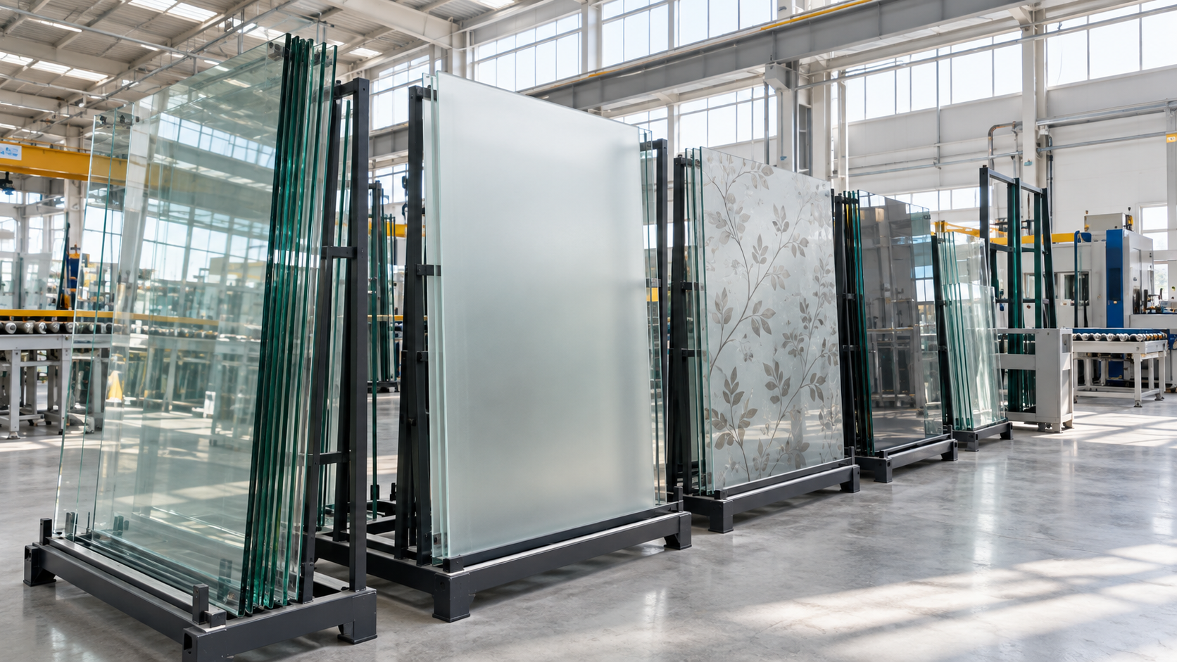 Stacks of large glass panes on black pallets in a bright industrial warehouse.