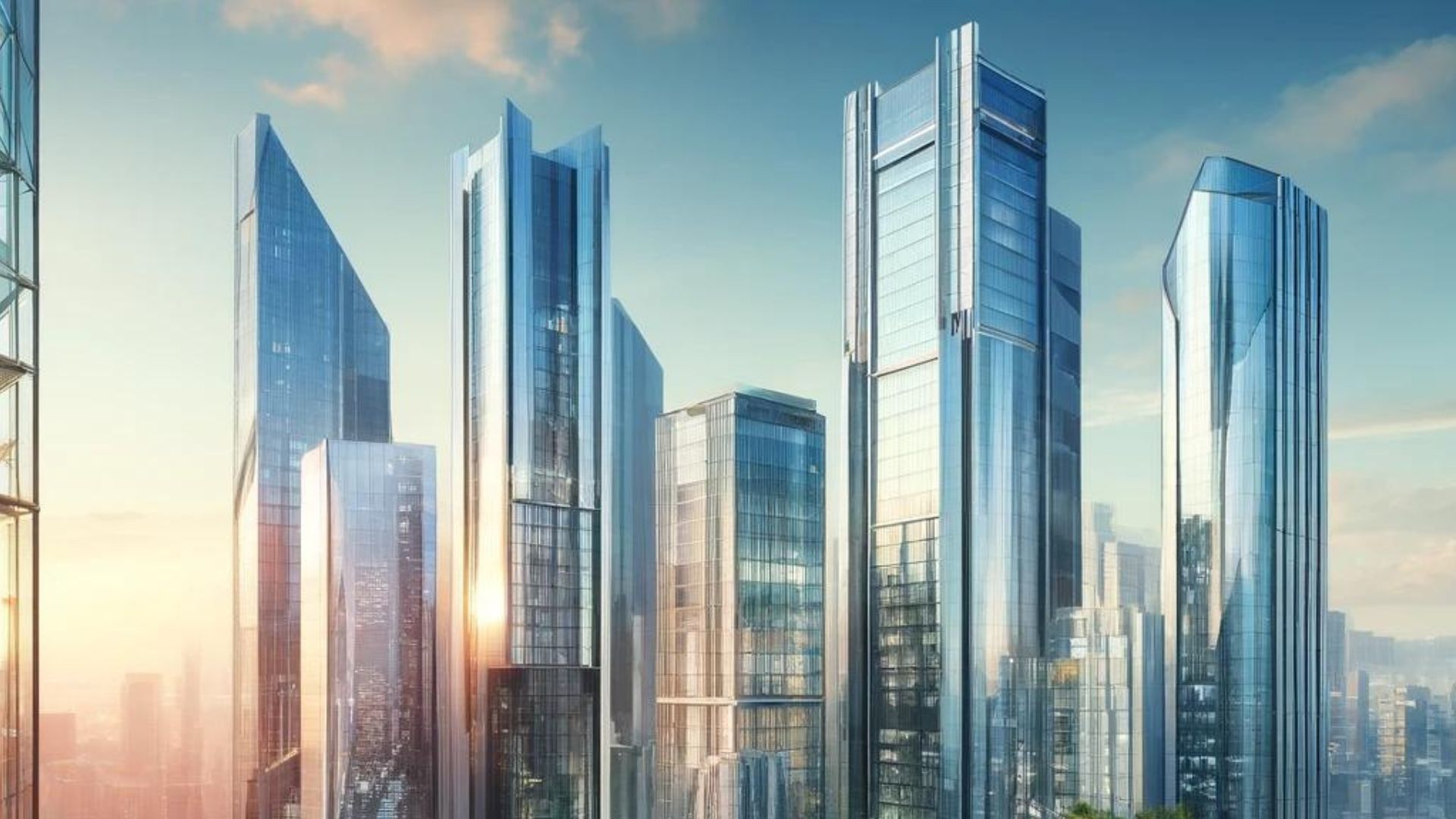 Skyscrapers with reflective glass facades against a blue sky, cityscape.