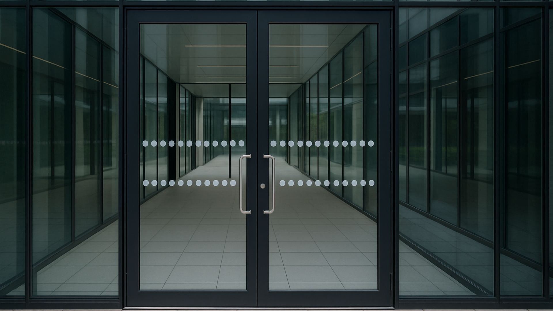 Double glass doors with horizontal safety dots, leading into a long corridor with glass walls.