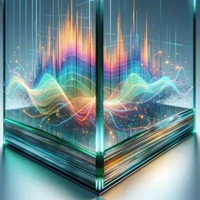 Glowing digital chart with multicolored waveforms rising from a transparent book-like display
