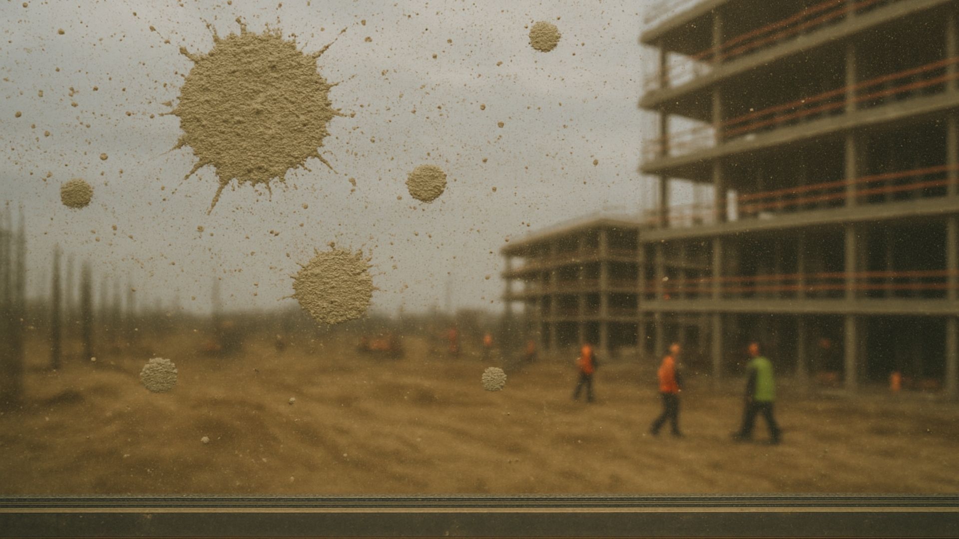 Construction site with workers, dirty window with splattered mud.