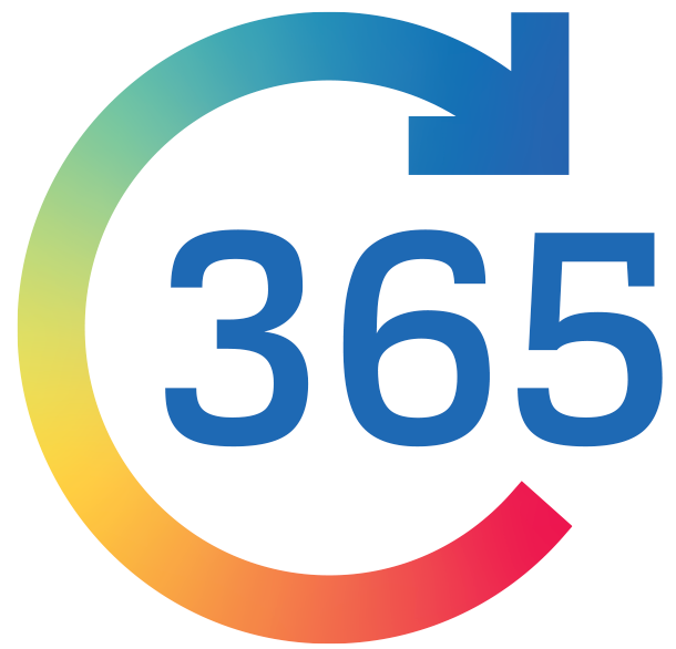 Colorful circular arrow around “365” in blue, green, yellow, and red