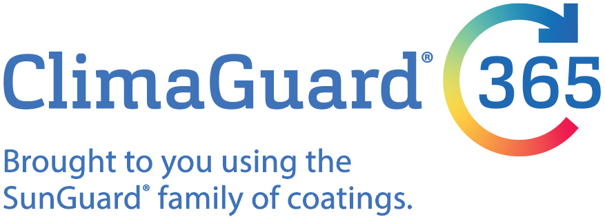 ClimaGuard 365 logo with blue text and multicolor circular arrow, plus tagline “Brought to you using the SunGuard family of coatings.”