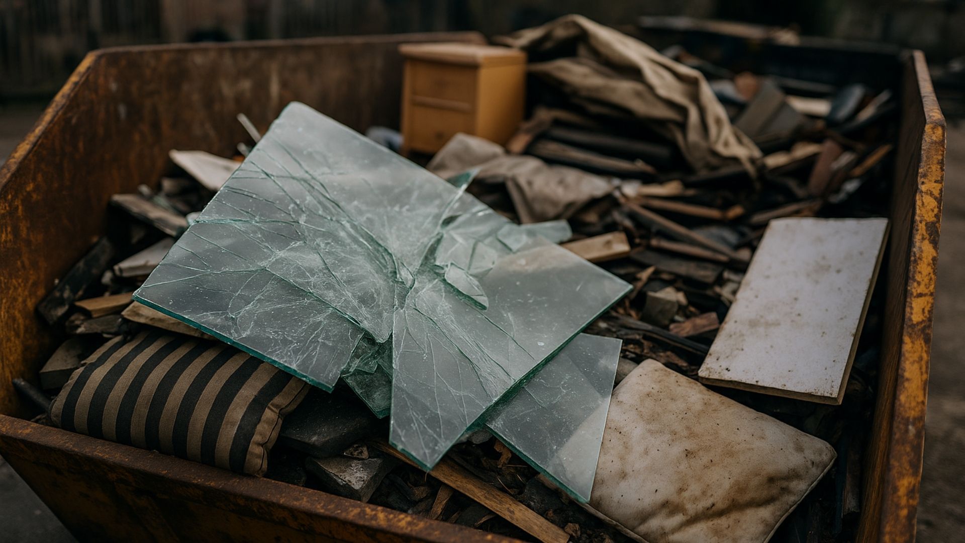 A rusty metal skip filled with broken glass, wood, and debris.