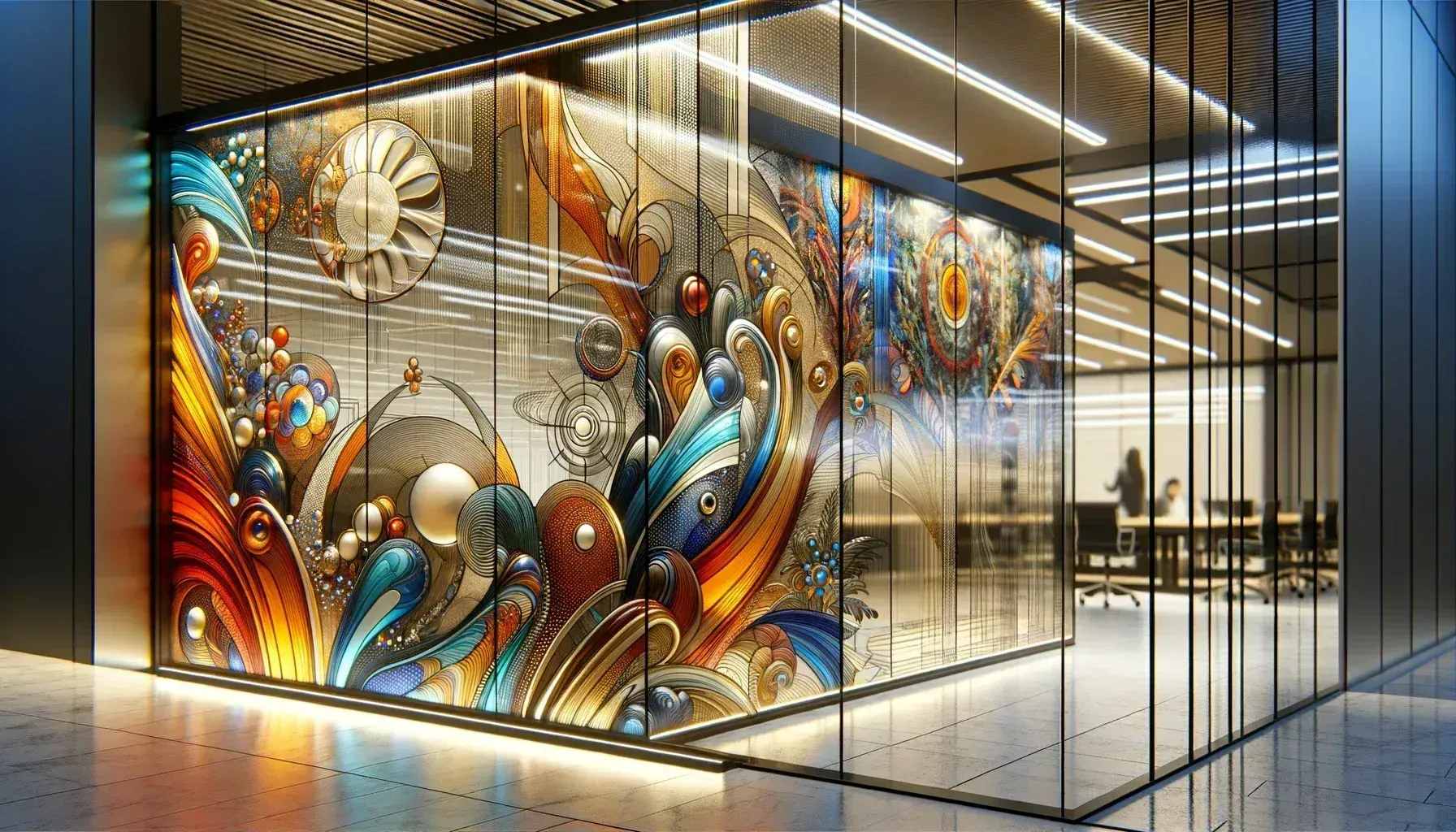 Modern glass office building with lit interior and city view at dusk