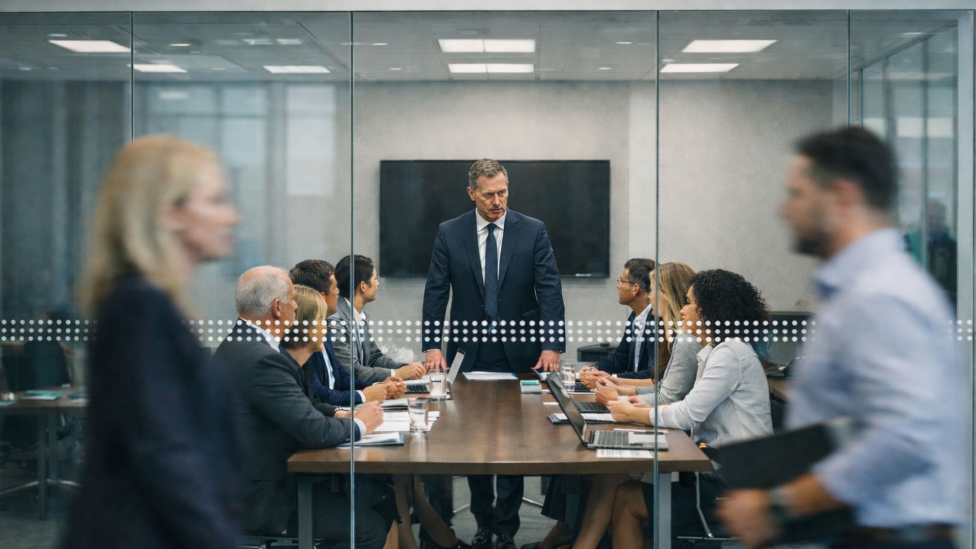 People in business attire in a meeting. A man stands at the head of a table with colleagues seated around it.