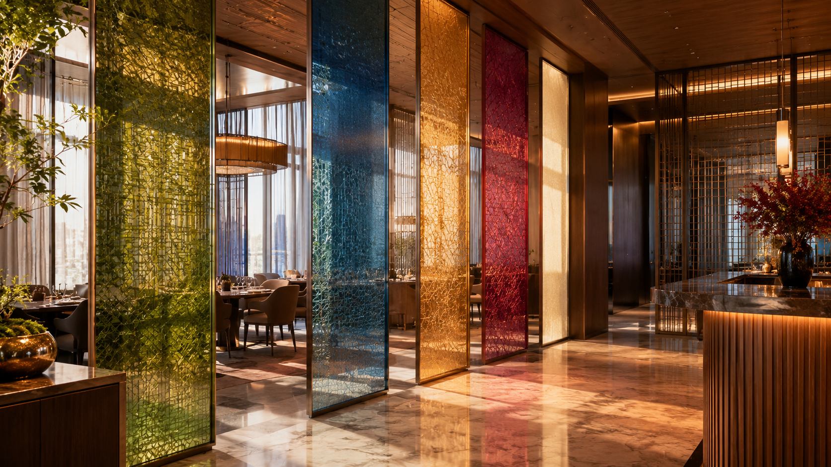Close-up of a glass partition panel with a metal frame in a bright modern office