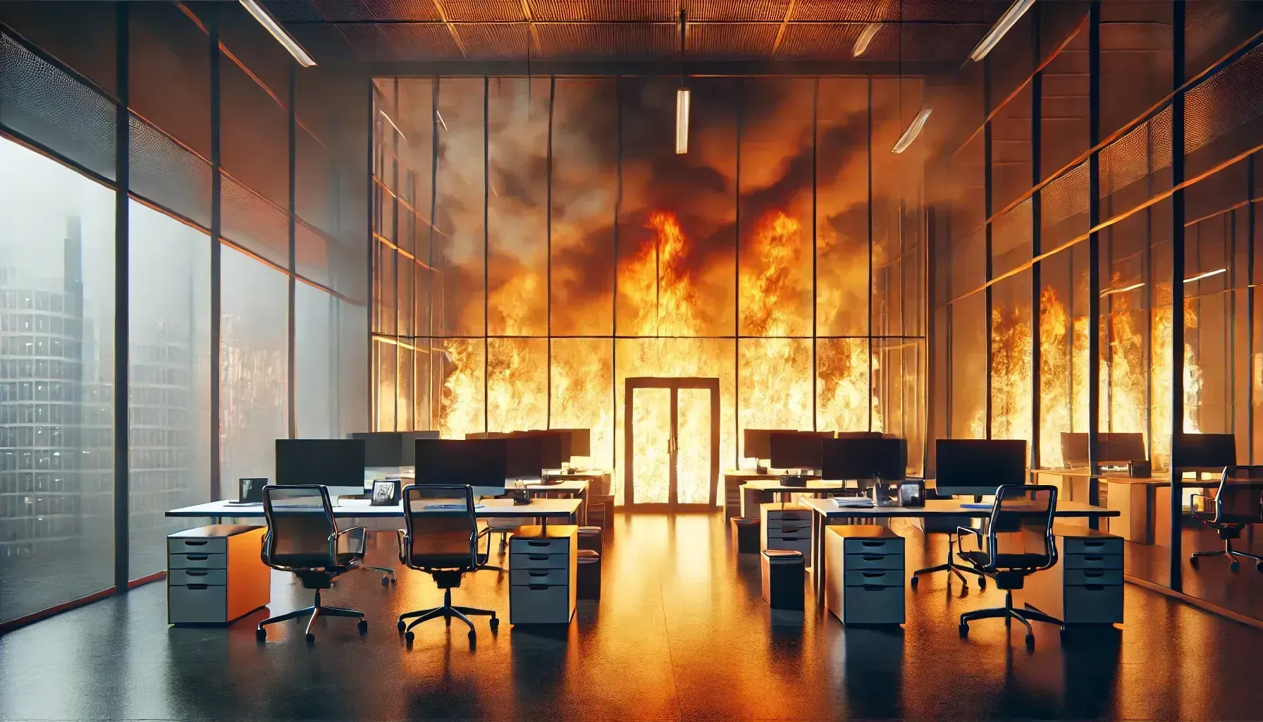 Modern office in flames with rows of desks and glowing firelight through large glass windows