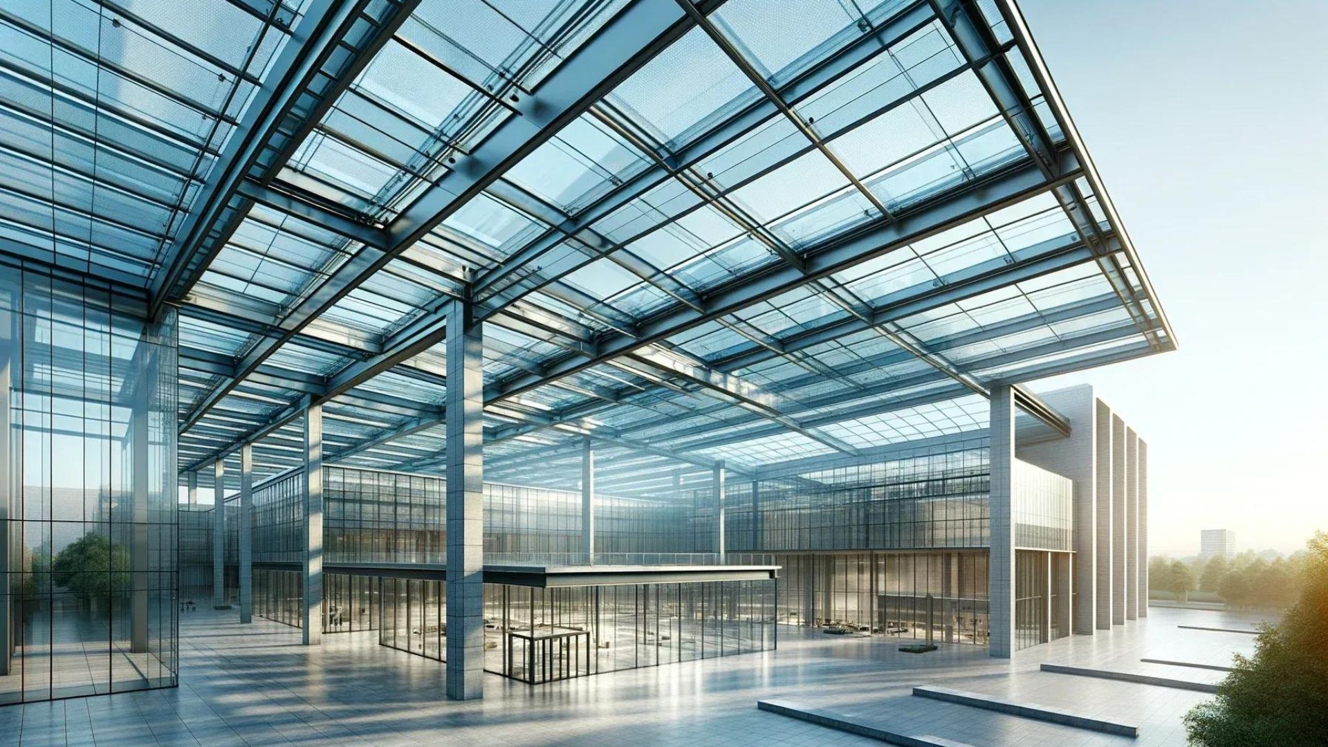Modern building with glass walls and roof, supported by metal beams. Sunlight illuminates the interior.