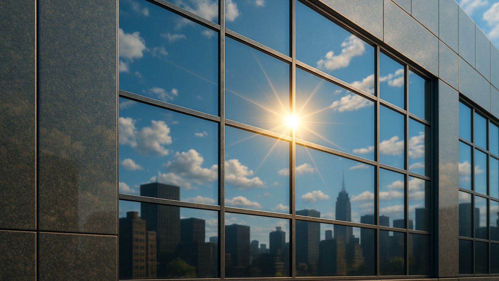 Skyscrapers reflected in a building's window with the sun shining brightly in the blue sky.